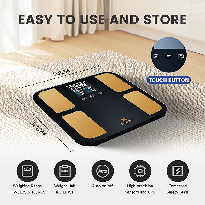 EILISON Smart Bathroom Scale with 4 Electrodes & BIA Technology High-Precision Body Fat Analyzer,Large Color Night Vision Touchscreen,Bluetooth App Sync for 19 Metrics,400LBS Capacity (Smart Black)
