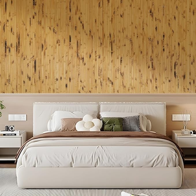 OUZUGIE 2 Pack 96x48 Inch Natural Bamboo Wall Panel – Yellow Burned Pole Wrap Paneling for Walls, Ceilings, Cabinets, Furniture – Ideal for Bedroom, Living Room & Office DIY Decor