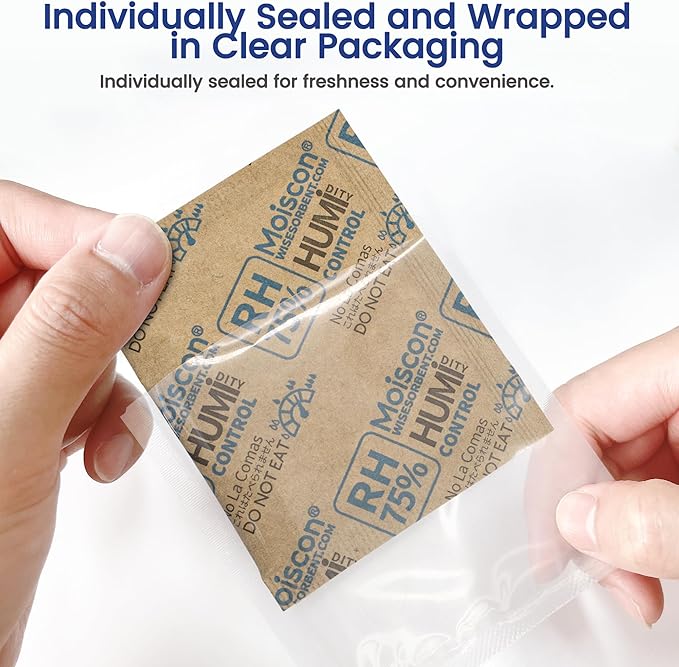 Wisesorb 90 Pack 75% RH Size 8 Two-Way Humidity Control Packs for Storing Up to 5 Items, 8 Gram Moisture Control Packets Individually Wrapped for Small Non-Plastic Travel Cases