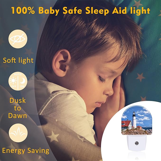 sndheke Beautiful White Lighthouse Night Light Plug into Wall, Ocean Seaside Lighthouse Dusk to Dawn Night Light Plug in,0.5w Energy Saving Sleep Friendly NightLight for Kids Boys Girls Home Decor