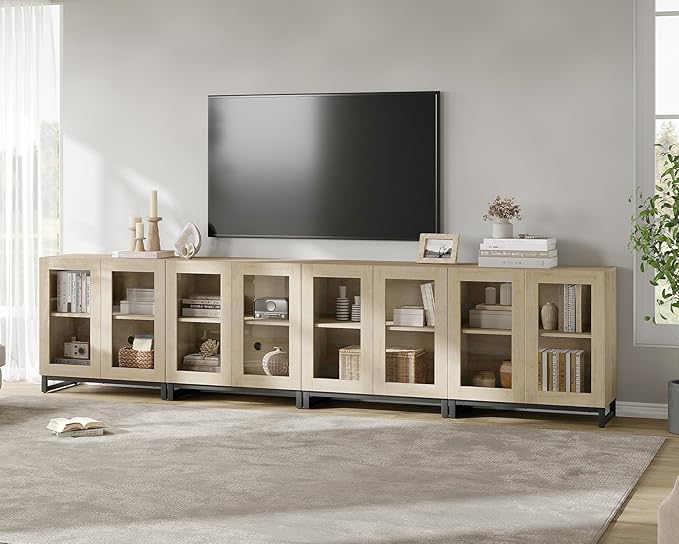 WAMPAT Modern TV Stand with Glass Doors for 120 inch TVs, 4 in 1 Entertainment Center Console with Adjustable Shelves and Metal Base for Living Room, Bedroom, Light Oak