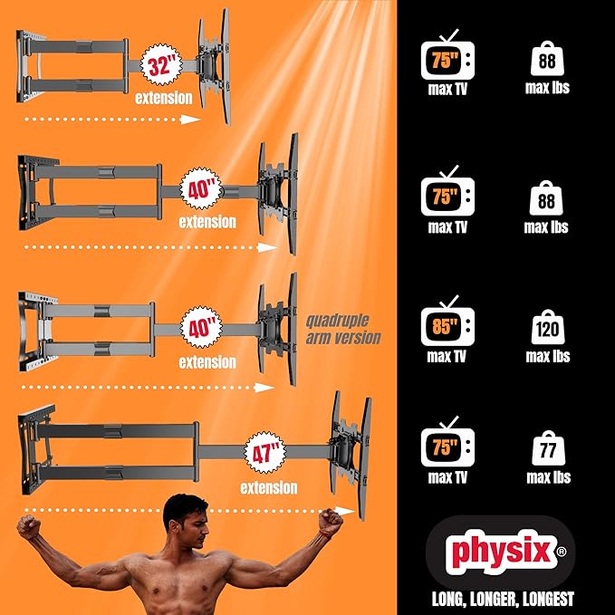 Physix 4100 Long Arm TV Wall Mount for 32-85 inch Screens Extra Long Extension Up to 40 Inch Heavy-Duty TV Mount Holds up to 120 lbs Full-Motion, Swivels Up to 180° Max. VESA 600x400