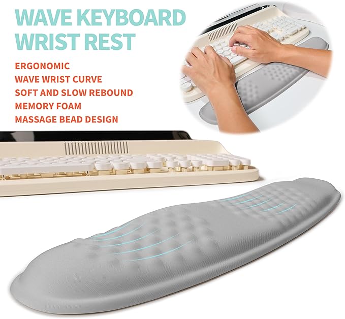 KUOSGM 2-in-1 Ergonomic Set, Wave Rise Keyboard Wrist Rest and Massage Bulge Slope Mouse Pad Wrist Support, Cushion Memory Foam Integrated to Relieve Wrist Pain, Silver Gray