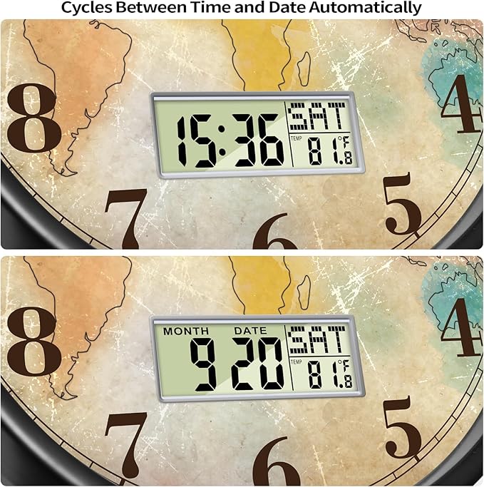 Modern Round Retro Digital and Analog Wall Clock Silent Calendar Colorful World Map Vintage Clocks with Date and Temperature Week Quiet Non-ticking Kid Room Office Kitchen Decor for Bedroom 14 Inch