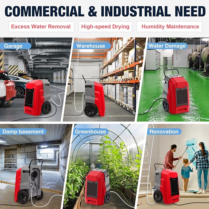 MOUNTO 180Pints Commercial Dehumidifier with Pump and Drain Hose, LGR Portable Dehumidifier with wheels for Home, Basements, Garages, and Job Sites. (Red)