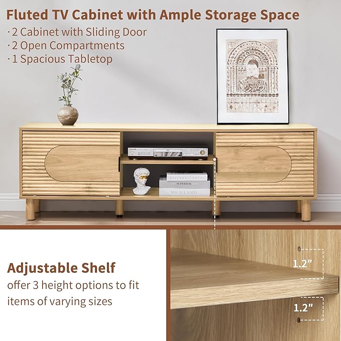 Bifins 63inch Wood TV Stand for Televisions up to 70 Inches,Mid Century Modern Entertainment Center TV Console Table with Storage and Shelf for Living Room Bedroom (Natural Oak)