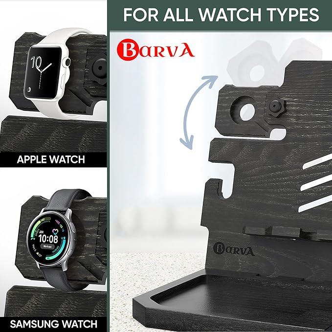 BarvA Phone Docking Station with Patented Adaptive Wood Gun Rack | Night Stand Smart Watch & Phone Stand | Charging Station Desk Organizer | Gun Accessories Storage and Organization
