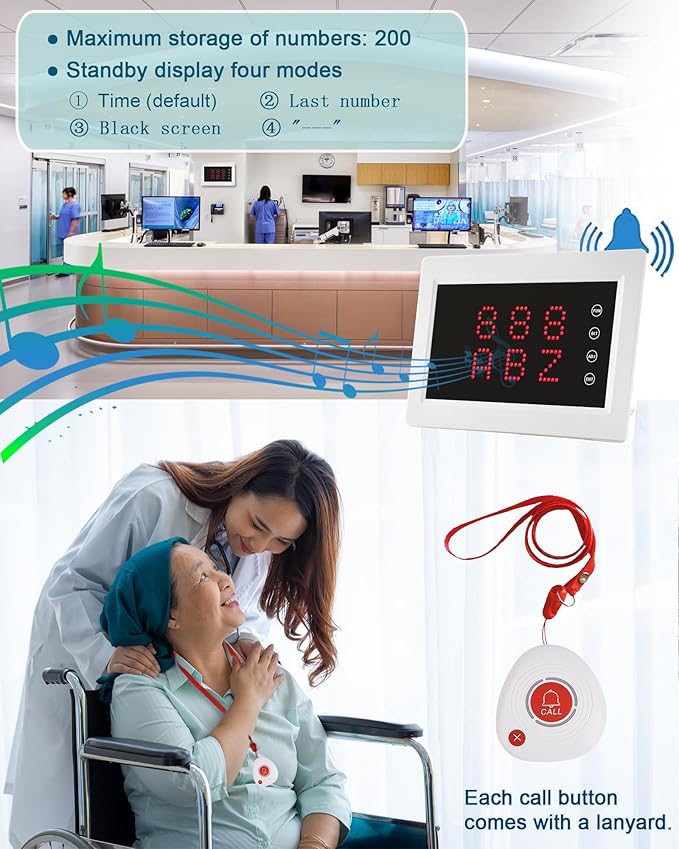 WNKRUN Wireless Caregiver Pager Nursing Calling System Elderly Alarm with 1 Display Receiver and 10 Waterproof 2 Key Call Buttons for Nursing Home Clinic (10 M2 Call Buttons)