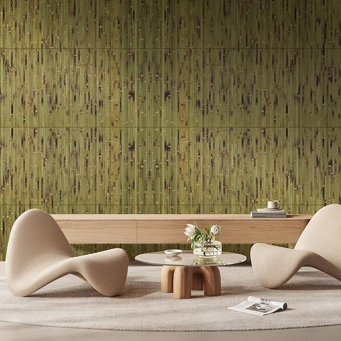 OUZUGIE 2 Pack 96x24 Inch Natural Bamboo Wall Panel – Green Burned Pole Wrap Paneling for Walls, Ceilings, Cabinets, Furniture – Ideal for Bedroom, Living Room & Office DIY Decor