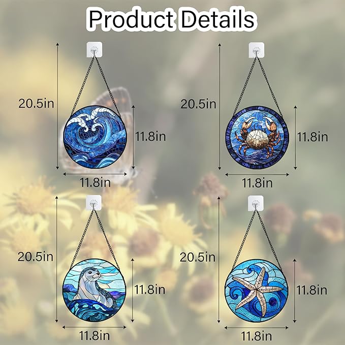 DASTOLL Stained Glass Window Hanging 4 Pcs Set Blue Ocean Waves Large 11.8" - Starfish Crab Seal Suncatcher Door Garden Sun Catcher Decor Birthday for Mom Woman Nana Men Friend
