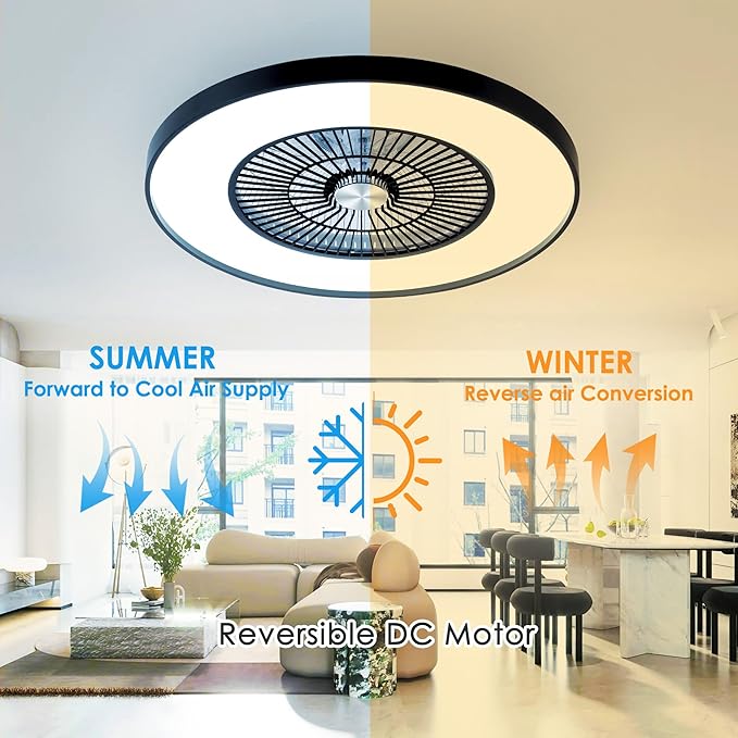 HUMHOLD 24" Bladeless Ceiling Fans with Lights and Remote/APP Control, Low Profile Ceiling Fan with 3-Dimmable Lights, Enclosed Flush Mount Ceiling Fan for Kid's Bedroom/Living Room