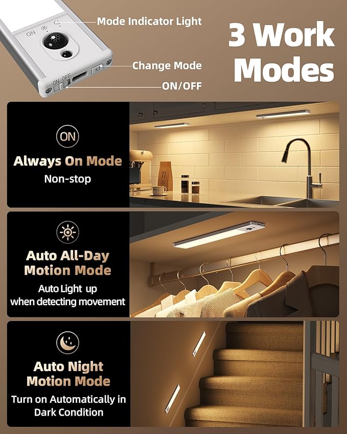 EZVALO Under Cabinet Lighting with Charging Station, Rechargeable Motion Sensor Light Indoor, Dimmable Closet Lights Wireless, 3500K, Motion Activated Under Counter Lights for Kitchen,Pantry(3 Pcs)