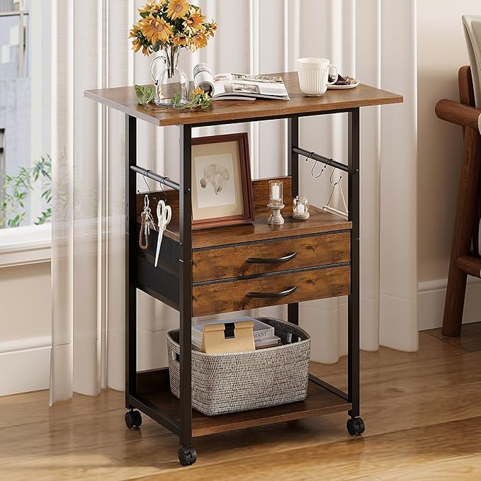 VENNQD Large Printer Stand with Storage Fabric Drawer Under Desk Printer Table with Wheels for Home Office, Printer Cart fit Fax Machine Scanner (Rustic Brown, 3 Tiers)