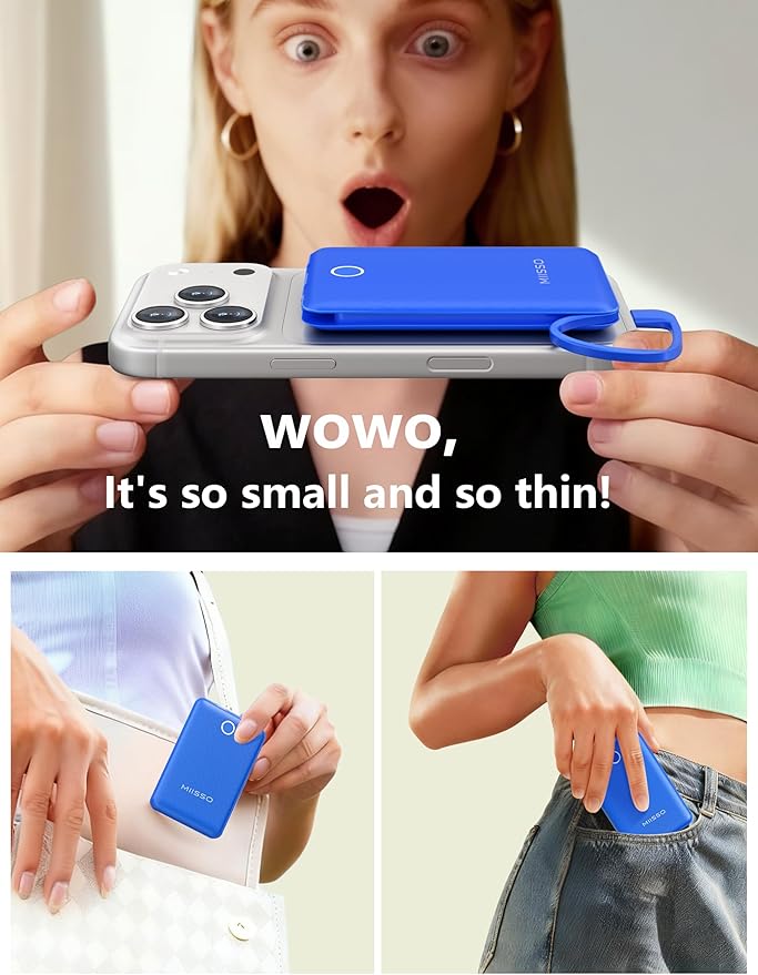 miisso 10000mAh Mini Portable Charger with Built in Cable, Pocket Size Power Bank Travel External Battery Pack for Phone, 3 Output USB Type C Cord Clutch Compatible with iPhone, Samsung, Deepblue