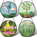 AMDERVEN Stained Glass Window Hanging 4 Pcs Set Pink Green Spring Saplings Flowers 6.3" - Suncatcher Door Garden Sun Catcher Home Decor Mother's Day for Woman Nana Mom Men