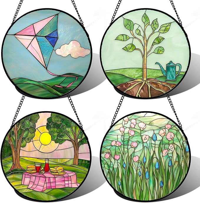AMDERVEN Stained Glass Window Hanging 4 Pcs Set Pink Green Spring Saplings Flowers 9.8" - Suncatcher Door Garden Sun Catcher Home Decor Mother's Day for Woman Nana Mom Men