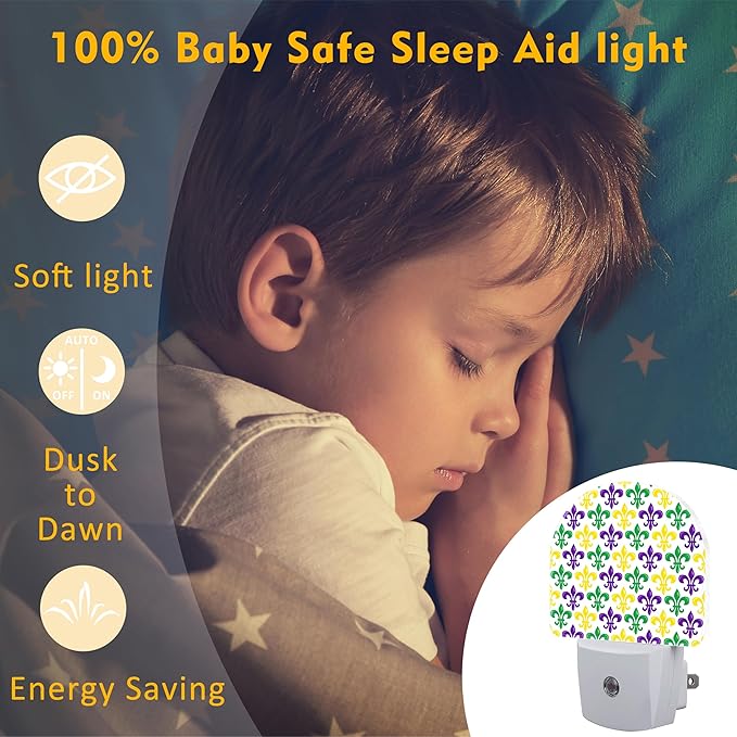 sndheke Mardi Gras Carnival Night Light, Colorful Fleur-de-lis Dusk to Dawn Night Light Plug in,0.5w Energy Saving Sleep Friendly NightLight for Kids Boys Girls Home Decor