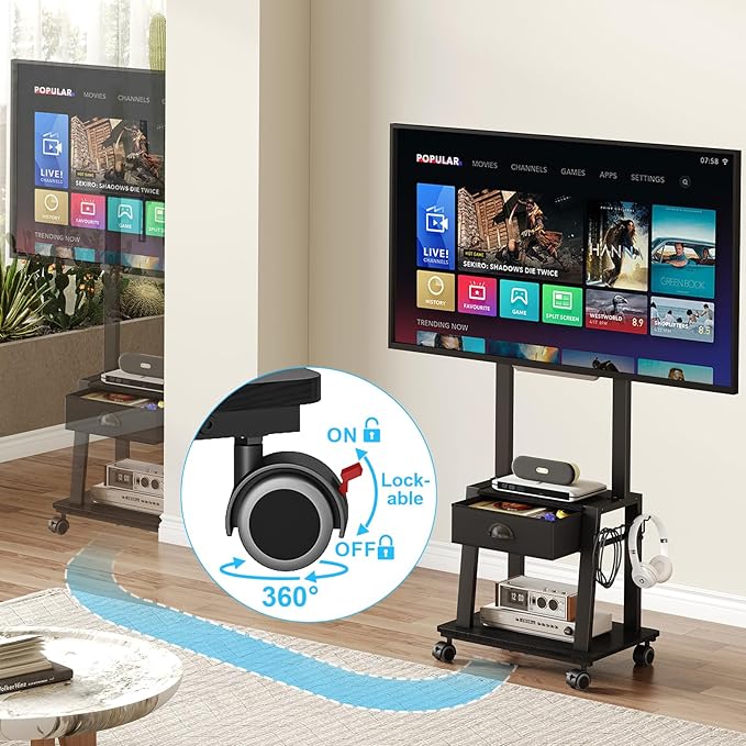Mobile TV Stand with Drawer for 23-60 Inch Flat/Curved Screen,Tilt Rolling TV Cart on Wheels with 2 Shelves Adjustable Height Portable TV Stand Holds up to 50 lbs for Indoor Outdoor Max VESA 400x400mm