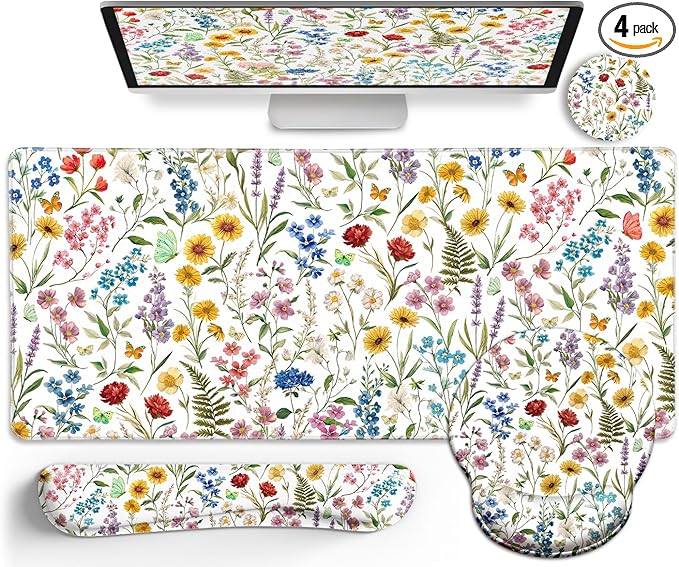 LIMKRIAN Floral Mouse Pad Set Large Desk Mat for Desktop, Ergonomic Mouse Pad with Gel Wrist Rest for Gaming, Computer Keyboard Mat Wrist Support Cup Coaster Set, Women Office Desk Accessories Decor