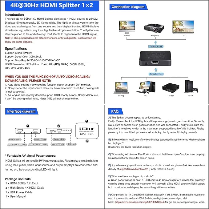 HDMI Splitter 1 in 2 Out【with 3HDMI Cables + 1USB Strip Power Cable 】 1×2 Power HDMI Splitter/Distributor 2 Ports for Dual Monitors Copy/Mirror Support 4K@30Hz 1080P Full HD 3D LED PS3/4 etc
