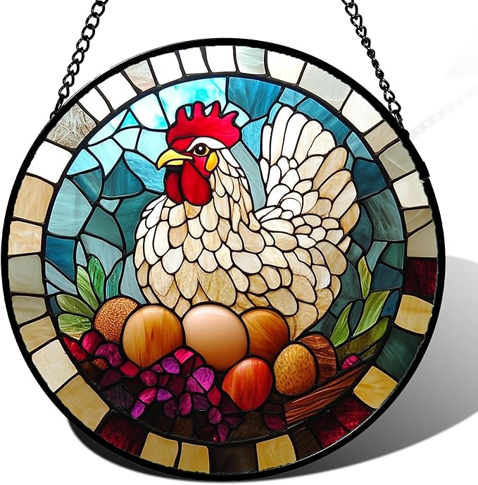 DASTOLL Stained Glass Window Hanging White Chicken Hatching Eggs 7.8" - Suncatcher Door Garden Sunroom Sun Catcher Home Decor Birthday Christmas for Mom Men Woman Nana