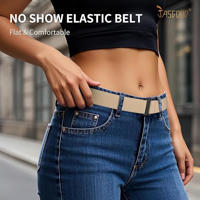 JASGOOD Women No Show Stretch Belt Elastic Web Strap Belt with Flat Buckle for Jeans Pants Dresses