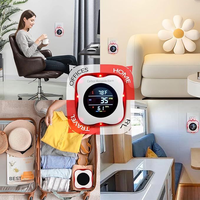 Vzmcov Plug-in Carbon Monoxide Detector with Real-time CO Display and Temperature and Humidity Monitor, Suitable for Home, RV, Apartment, Indoor air Safety Plug-in CO Compact Alarm