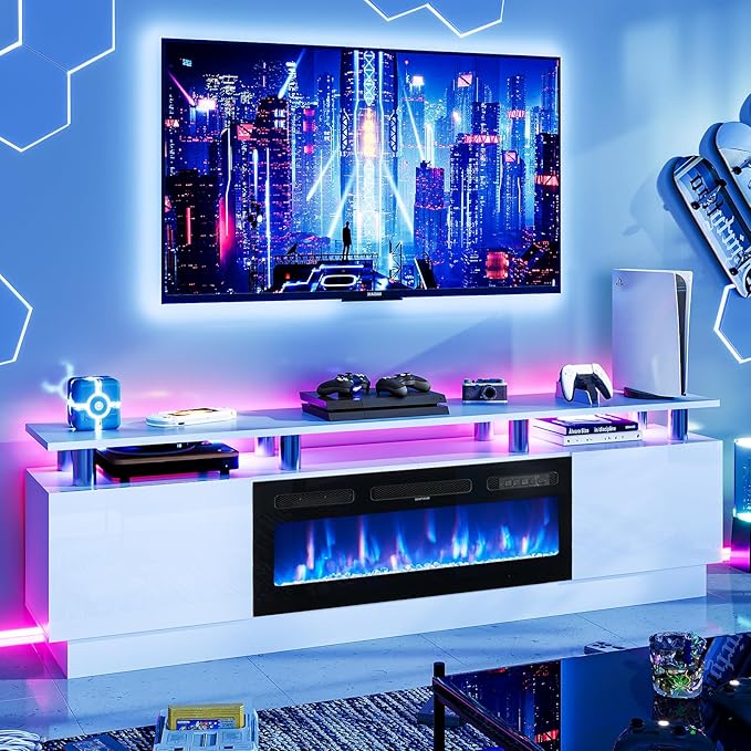 oneinmil Fireplace TV Stand with 36” Electric Fireplace, 80” 2 Tier TV Console Stand for TVs Up to 90"", LED Light Entertainment Center, Fireplace for The Living Room TV Stand, White, H21014WH-80