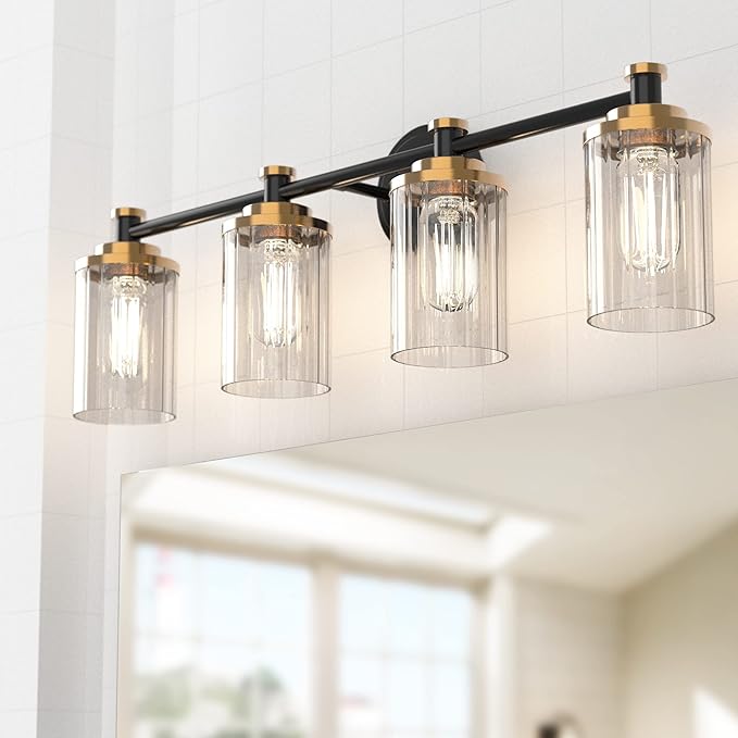 PHIXART Bathroom Lighting Fixtures Black and Gold Bathroom Vanity Light with Cylindrical Clear Stripes Glass Lampshade E26 Socket Base Bathroom Lighting Fixtures Over Mirror (4 Lights)