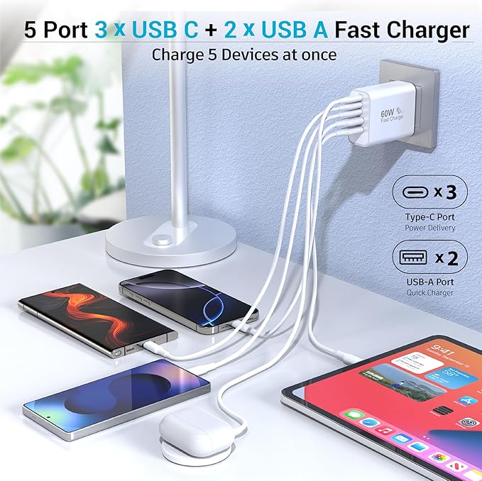 USB C Charger Block, 2-Pack 60W 5 Ports USBC Wall Charger Plug Fast Charging, iPhone Charger QC Multiport PD Adapter Chargers, Type C Box Brick Cube for iPhone 17 16 15 14 13 Pro Max,Samsung