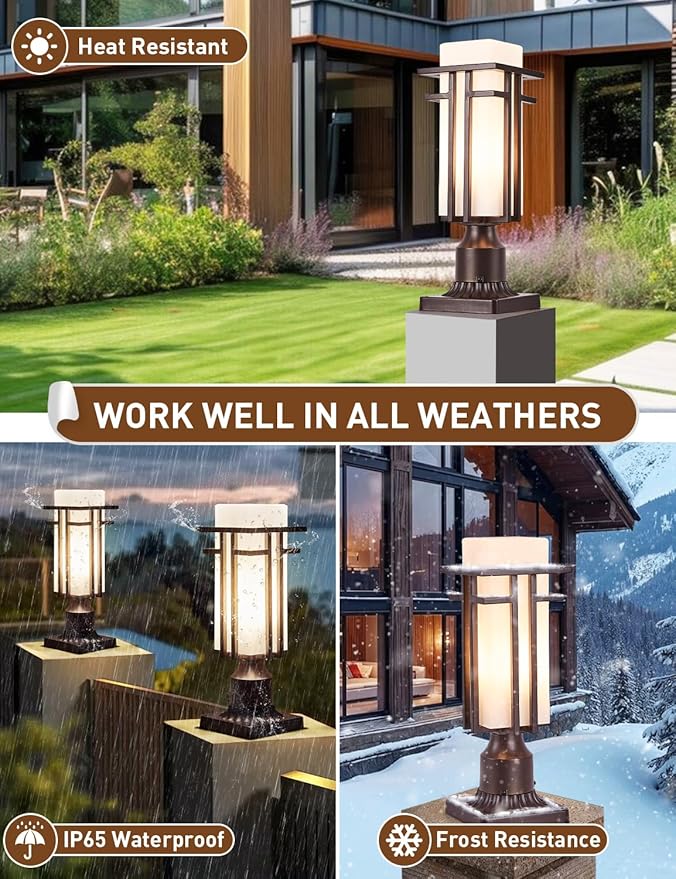 EERU Oil Rubbed Bronze Outdoor Post Lights,Waterproof Pole Mount Light Fixture with Pier Mount Adapter(with 3-Inch Pier Mount Base), Exterior Lamp Post Lantern Head for Yard,Garden Backyard and Porch