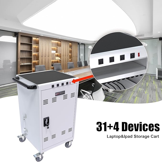 Thetilsy 35 Device Mobile Charging Station for Laptops/Tablets/iPads/Chromebooks,35 Bay Lockable Charging Cabinet with Power Strip for Classroom,School Charging Carts with Casters(White)