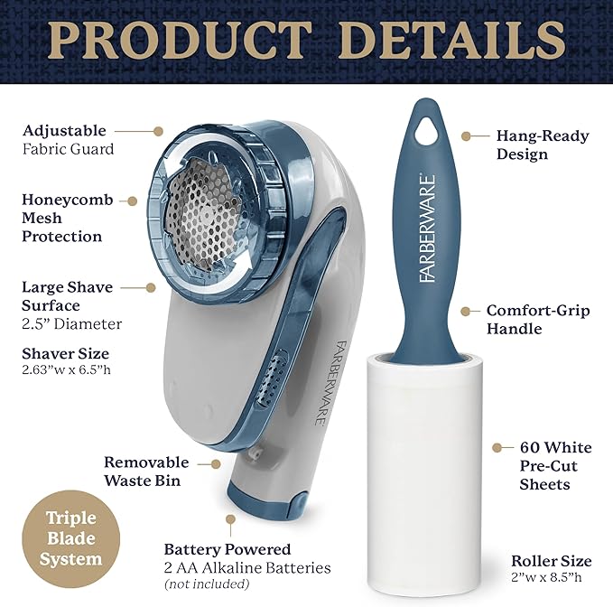 Farberware Large Lint Remover & Fabric Shaver Set – Battery Powered Sweater Shaver with Triple Blades and Extra Sticky Roller for Pet Hair, Fuzz & Pilling on Clothes & Furniture