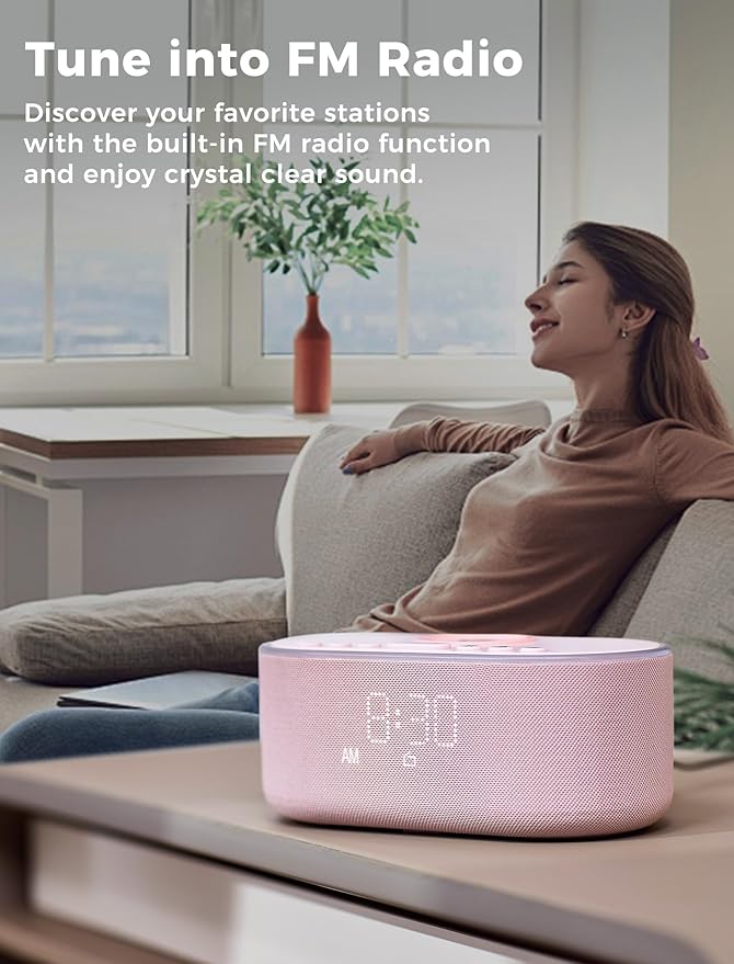 Odokee Wireless Charging Alarm Clock Radio: Qi Certified Fast Wireless Charger for iPhone Samsung - 10W Stereo Bluetooth Speaker - Dimmable Digital Clock with FM Radio for Bedroom Pink