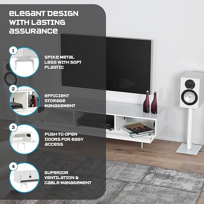 SONOROUS ST-360 Premium TV Stand for Living Room – Modern TV Stands & Entertainment Center with Storage – White Wood & White Glass Cover – Luxury Media Console with Metal Legs for TVs up to 75 inches