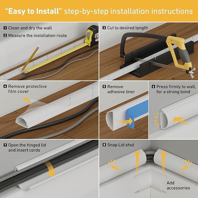 D-Line 13.12ft Cord Hider Kit, Patented Cable Cover, Hide Wires on Wall, Channel for TV Mount Cords, Raceway Wire Hiders, Paintable, Adhesive, Half Round, 4X 0.78in W x 0.39in H x 39in Lengths, White