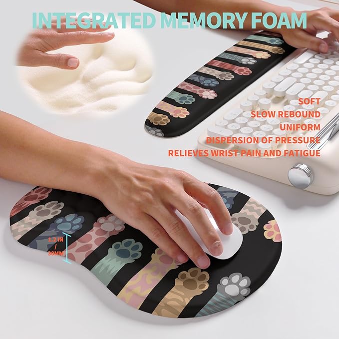 KUOSGM 2-in-1 Ergonomic Set, Wave Rise Keyboard Wrist Rest and Massage Bulge Slope Mouse Pad Wrist Support, Cushion Memory Foam Integrated to Relieve Wrist Pain, Multicolour Cat Claws