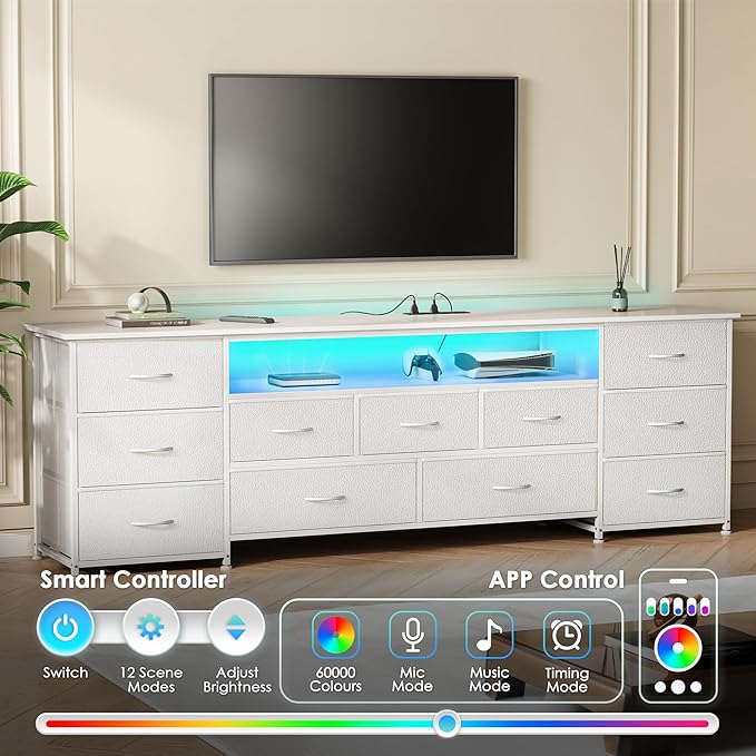 Huuger 70 Inch TV Stand for 75, 80 Inch TV, 11 Drawer Long Dresser with Power Outlets and LED Lights, Entertainment Center with Storage, White Dresser with PU Leather Surface, 1TS011W