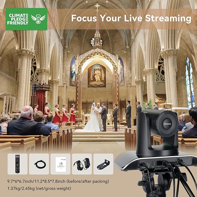 Tenveo HDMI/USB3.0/LAN(PoE) PTZ Camera AI Humanoid & Face Auto-Tracking, 20X Optical Zoom PTZ Camera IP Live Streaming, FHD 1080P 60FPS, for Church Services Worship Video Conference Live Streaming