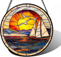 DASTOLL Stained Glass Window Hanging, Sun Ocean Sailboat Seagull Abstract Suncatcher Diamond Glass Panel Sun Catchers Decor for Birthday for Women, Men, Wife, Aunt, and Mom 11.8x11.8 in