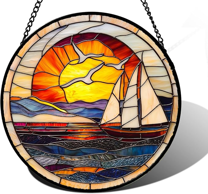 DASTOLL Stained Glass Window Hanging, Sun Ocean Sailboat Seagull Abstract Suncatcher Diamond Glass Panel Sun Catchers Decor for Birthday for Women, Men, Wife, Aunt, and Mom 9.8 in