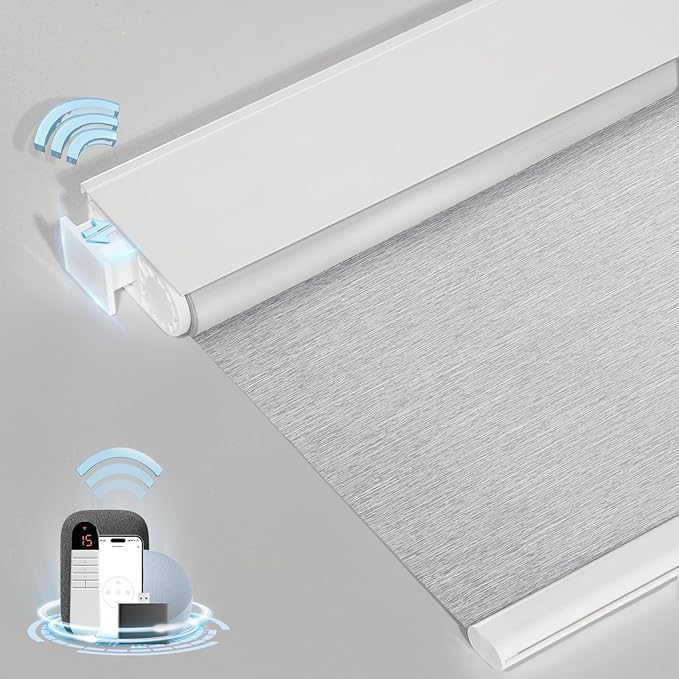 MANSNIX Smart Motorized Blinds with Remote, Cordless No-Drill Automatic Roller Shades, Blackout Electric Blind for Windows, Grey, 36.5 x 72