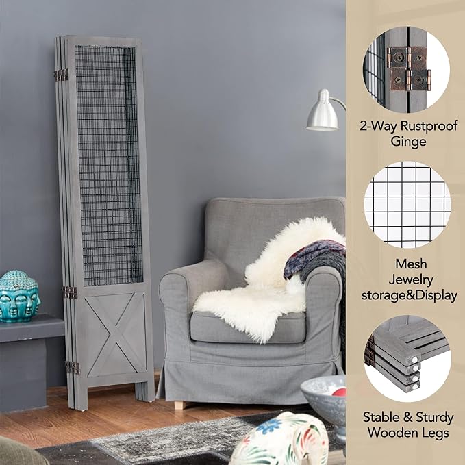 Wnutrees 4 Panel Gridwall Display, Portable Freestanding Display Board for Craft/Art Shows, Retail, Events, Decorative Wood Room Divider Folding Screens, Grey