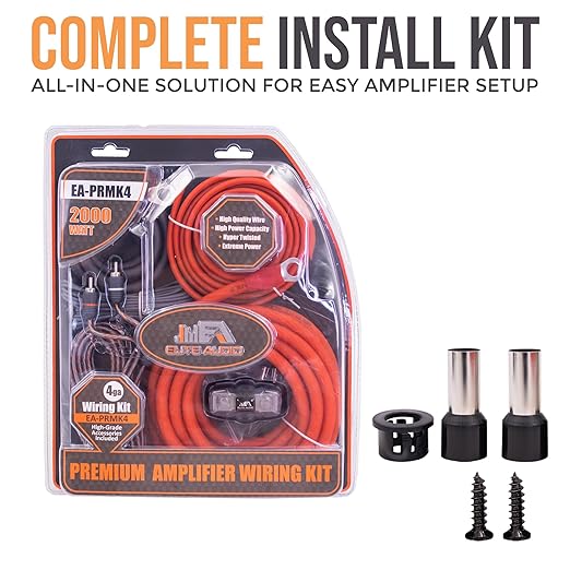 Elite Audio Premium 4 Gauge CCA Amplifier Installation Wiring Amp Kit, 2000 watt High-Power Wiring with Triple Shielded RCA’s and Mini ANL Fuse Holder - EA-PRMK4 Amp Install Kit
