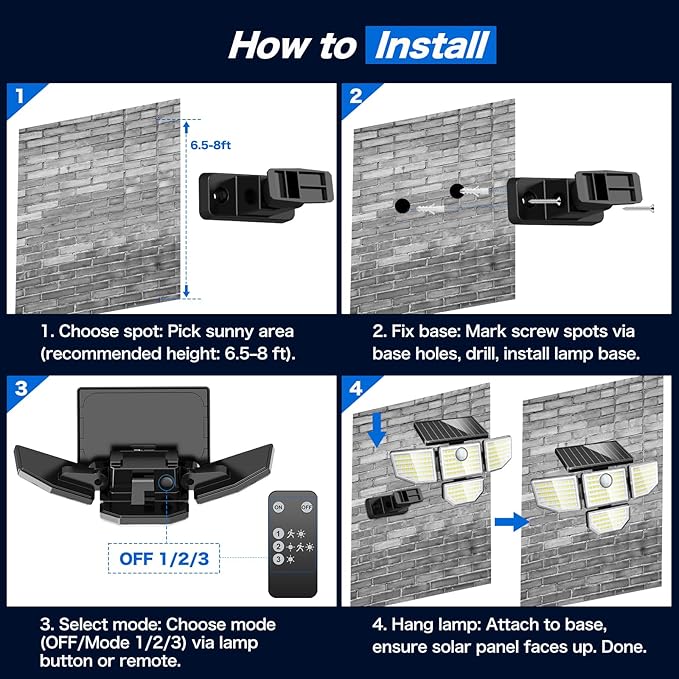 Adewalk 3000LM Outdoor Solar Light - Upgrade 4 Heads 188 LED Solar Motion Sensor Outdoor Lights, IP65 Waterproof Powered Light for Home Darkroom Backyard