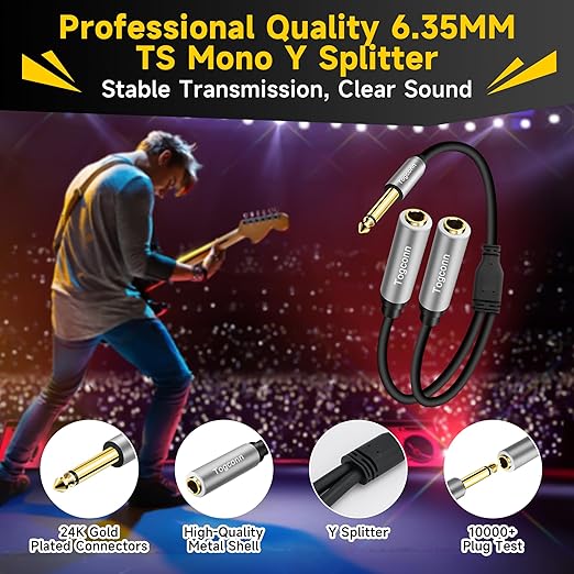 Togconn 1/4 inch TS Mono Splitter Y Adapter, 6.35mm Mono Male to Dual 6.35 mm TS Mono Female Jack, Quarter inch Audio Speaker Splitter Converter Cable 1 Feet, Gold Plated Connectors