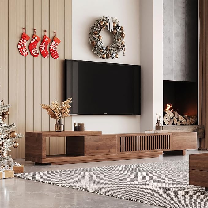 NessCarsti Mid Century Modern TV Stand for 75+ Inch TVs, Extendable Media Console (78"-103") with Ample Storage - Sleek Walnut Entertainment Center for Living Room