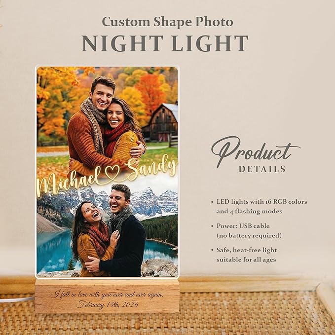 MamaEra Valentine’s Day Gift for Him - Personalized Photo Collage Night Light for Couples - Custom Acrylic LED Lamp with Names & Engraved Wooden Base - Romantic Anniversary, Wedding