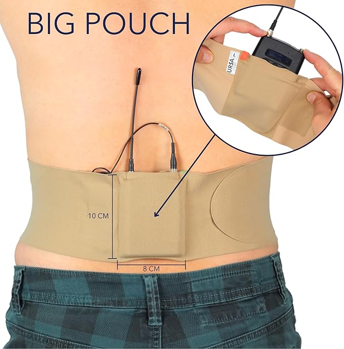 URSA Waist Strap - Ultra Slim, Breathable & Stretchy Microphone Transmitter Straps. Compatible with Most Transmitter/Receivers (Brown, Medium Waist - Big Pouch)