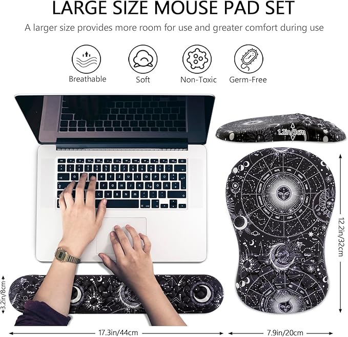 Laokiiy Mouse Pad Wrist Support, 2 in1 Keyboard Wrist Rest+ Ergonomic Mouse Pad, Non-Slip Wrist Rest for Computer Keyboard, Made Easy Typing & Relieve Wrist Pain(Sun Moon)